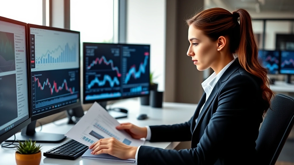Professional woman in business attire reviewing financial documents at a modern desk with multiple computer monitors displaying investment charts and graphs, natural lighting from office windows, confident focused expression