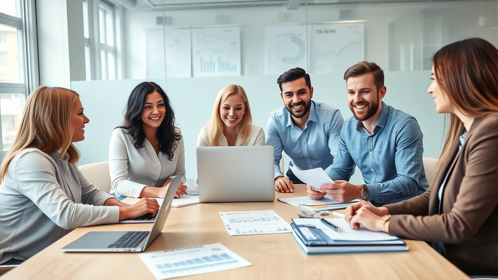 Diverse group of professionals in business casual clothing collaborating around a conference table with laptops, notebooks, and financial reports, bright modern office environment, engaged and motivated expressions