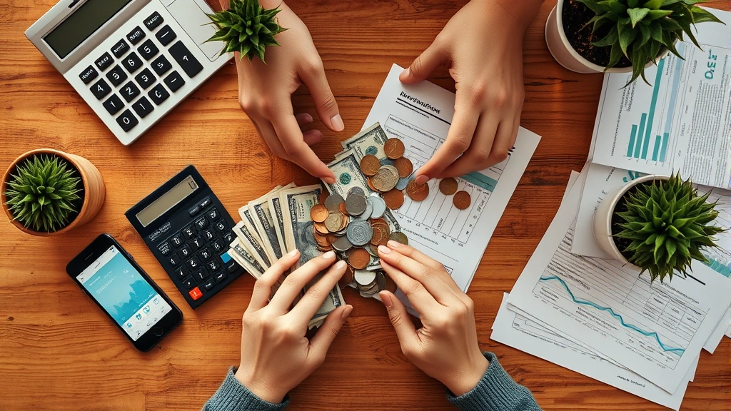 Overhead view of someone's hands organizing cash, coins, and financial documents on a wooden desk with a calculator, smartphone showing banking app, and plants, warm natural lighting emphasizing organization and planning