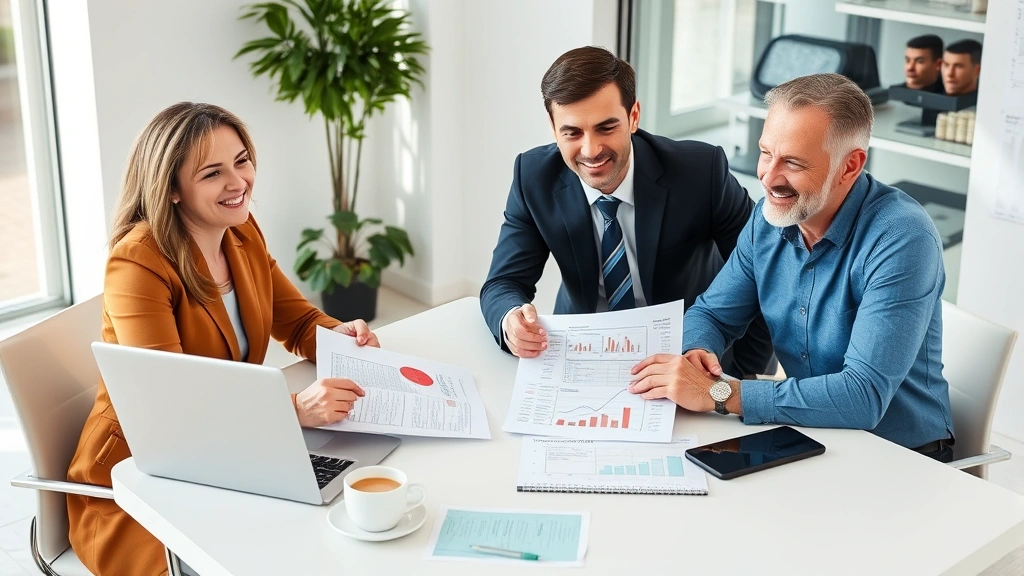 Professional financial advisor meeting with clients reviewing health insurance documents and financial planning charts on modern desk with laptop and coffee, bright natural lighting, confident expressions