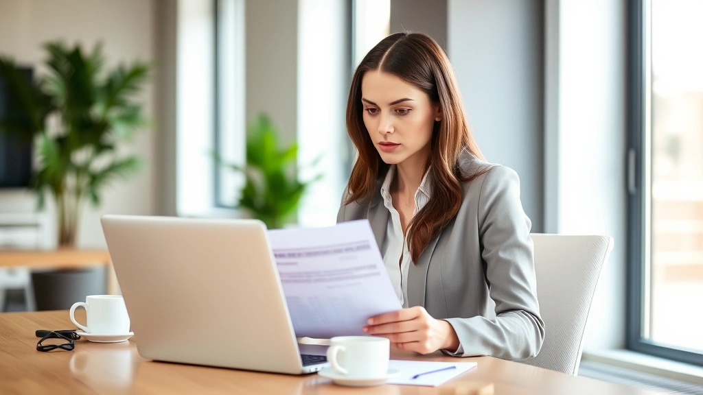 Professional woman reviewing health insurance documents at modern office desk with laptop and coffee, natural lighting, serious focused expression, contemporary workspace setting