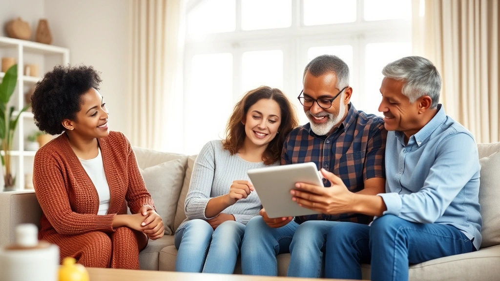 Diverse family of four sitting together in bright living room discussing healthcare options, looking at tablet together, warm welcoming environment, genuine conversation moment
