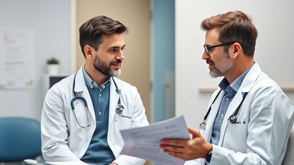 Male doctor in white coat consulting with patient in clinic examination room, reviewing medical chart, professional healthcare setting, trust and communication evident