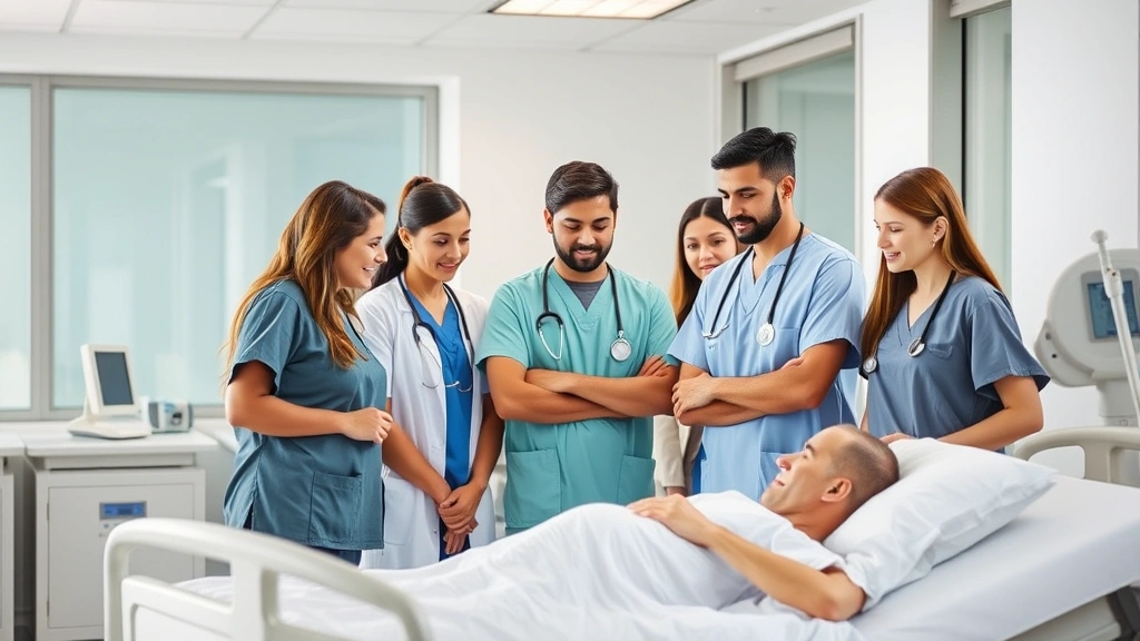 Professional healthcare team in modern hospital setting, diverse medical professionals wearing scrubs collaborating around patient bedside, natural lighting, focused expressions, modern healthcare environment