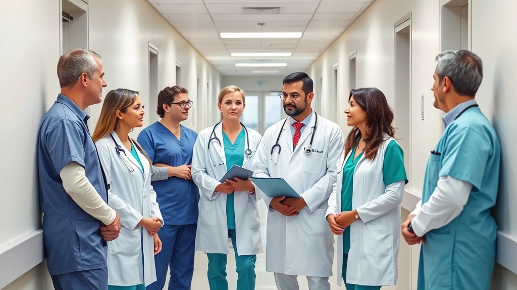 Healthcare professionals in hospital corridor discussing cases, diverse group including doctors and nurses, modern medical facility, collaborative learning environment, professional development
