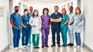 Professional healthcare team in modern hospital corridor wearing scrubs and stethoscopes, diverse group standing together confidently, bright clinical environment, natural lighting
