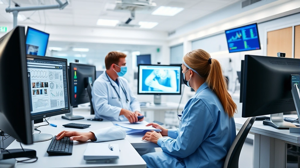 Medical professionals in contemporary hospital setting reviewing patient data on computer workstations, collaborative healthcare environment, clinical workspace with technology, realistic medical setting