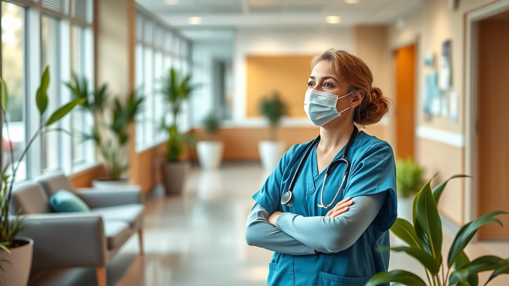 Healthcare worker in professional attire taking a wellness break in modern hospital wellness room with comfortable seating, plants, and calming environment, peaceful healthcare facility space