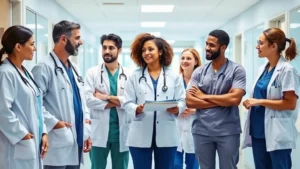 Professional healthcare team in modern hospital setting collaborating during patient care rounds, diverse medical staff in scrubs and white coats working together in bright clinical environment