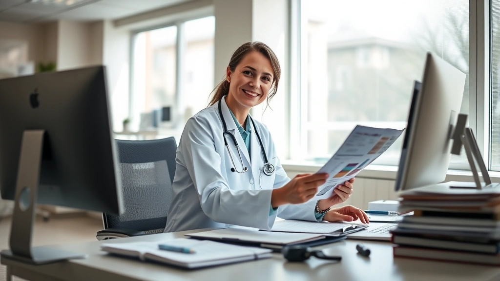 Confident healthcare professional at desk reviewing patient charts and medical records in modern hospital office, natural lighting through windows, organized workspace with computer