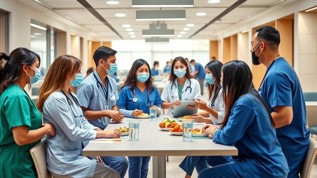 Group of healthcare workers in hospital cafeteria networking and having lunch together, diverse team building relationships, modern healthcare facility interior with contemporary design