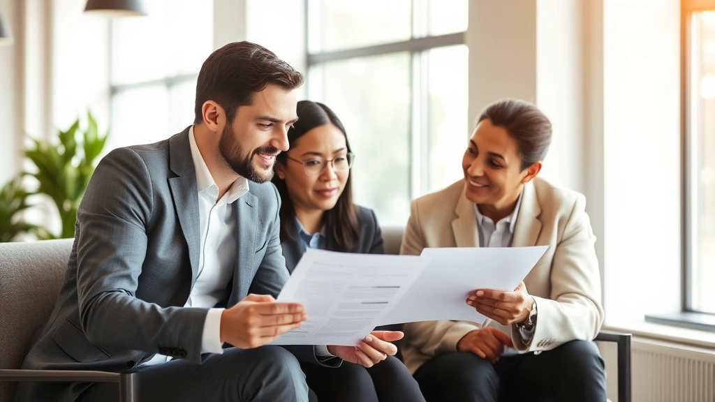 Professional financial advisor meeting with diverse couple reviewing investment portfolio and wealth planning documents, natural lighting, modern office setting