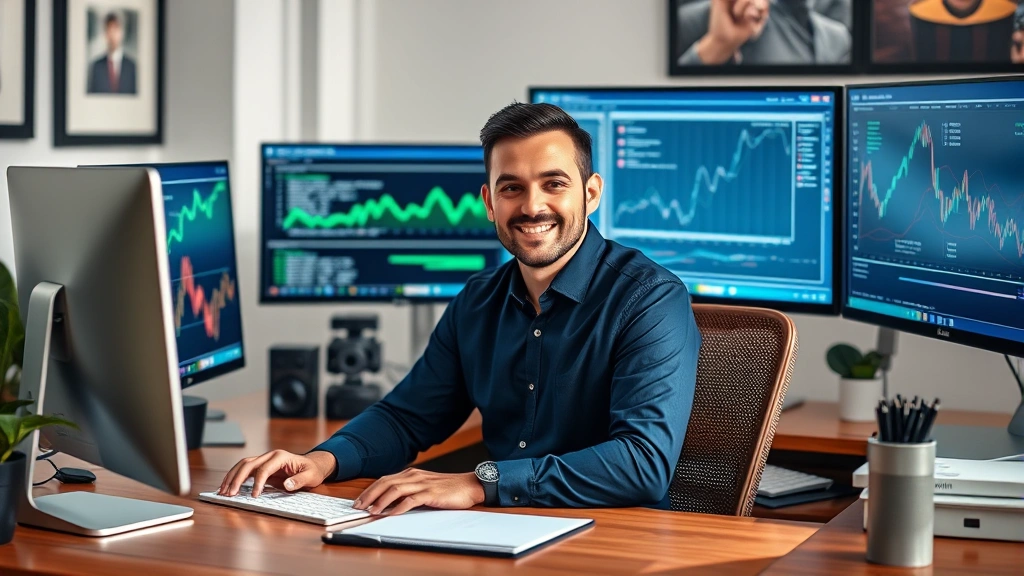 Successful entrepreneur working at desk with multiple income streams displayed on computer monitors, confident expression, home office environment