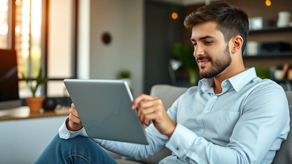 Young professional reviewing investment growth chart on tablet with upward trending graph, celebrating financial milestone, contemporary workspace