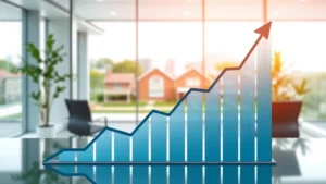 Upward trending real estate market chart with healthy community background, showing property appreciation growth, professional financial analysis setting, modern office environment with data visualization