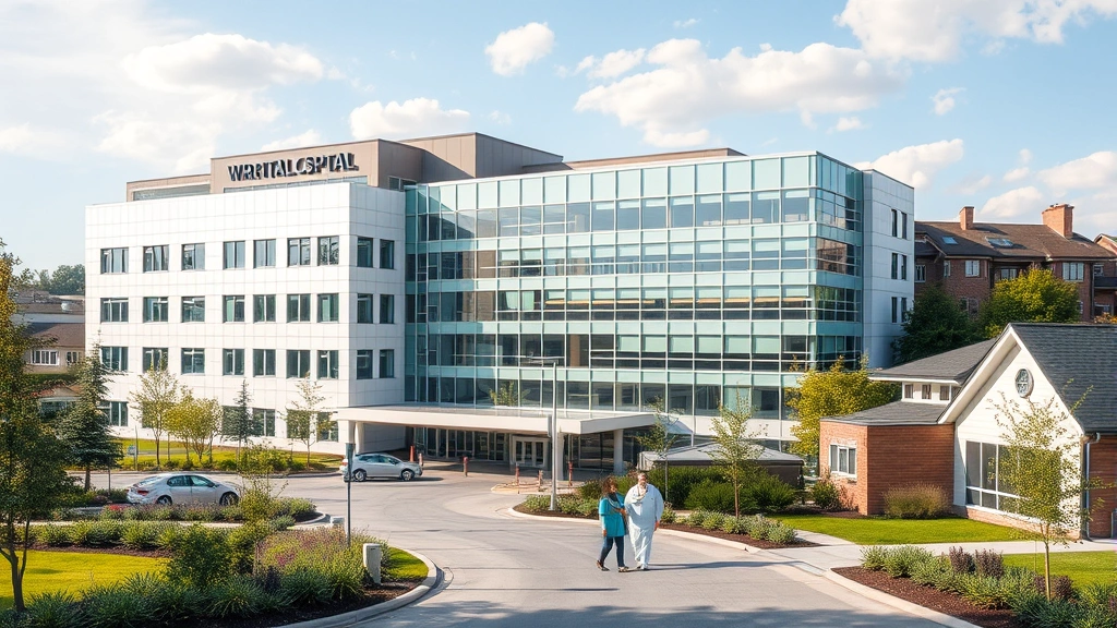 Modern hospital and medical center exterior with surrounding residential neighborhood, healthcare workers walking, patients visiting, vibrant community with green spaces and well-maintained properties