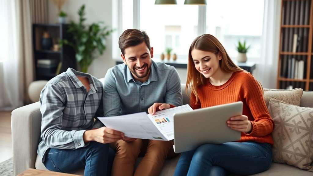 Young professional family reviewing real estate investment documents in contemporary home office, laptop showing property listings and health data analytics, wealth building planning session, confident investors