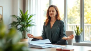 Professional woman meditating in modern home office with financial documents blurred on desk, natural sunlight, serene expression, wellness focused environment