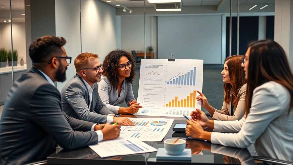 Diverse group of professionals in collaborative meeting discussing financial charts and growth strategies, engaged and optimistic expressions, modern conference room