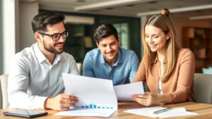 Professional financial advisor meeting with young couple reviewing investment portfolio documents at modern office desk, warm natural lighting, confident expressions, wealth building discussion