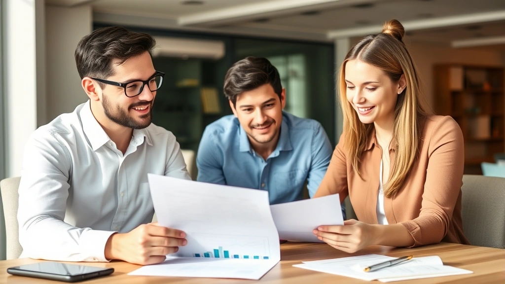 Professional financial advisor meeting with young couple reviewing investment portfolio documents at modern office desk, warm natural lighting, confident expressions, wealth building discussion