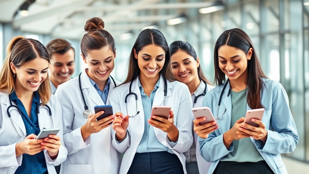Diverse group of professionals in healthcare and corporate settings, smiling while checking phones showing investment apps and savings progress, modern workplace environment, success indicators visible