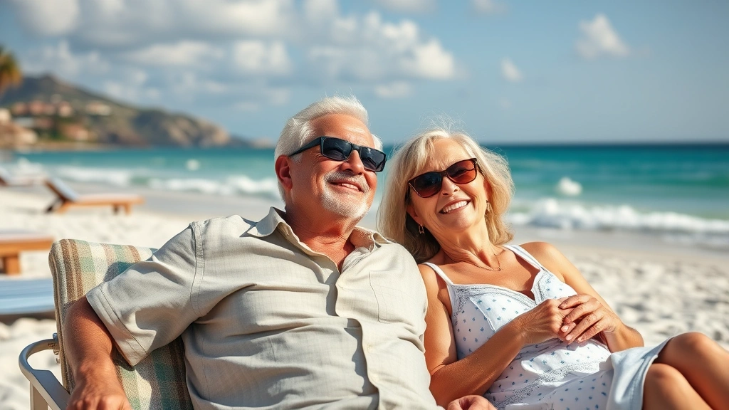 Retirement-age couple relaxing on beach vacation, enjoying fruits of wealth building, luxurious resort setting, peaceful expressions, financial freedom lifestyle, sunny day with ocean backdrop