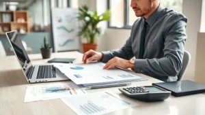 Professional real estate investor reviewing property documents and market analysis on modern desk with laptop, calculator, and financial charts in bright office environment