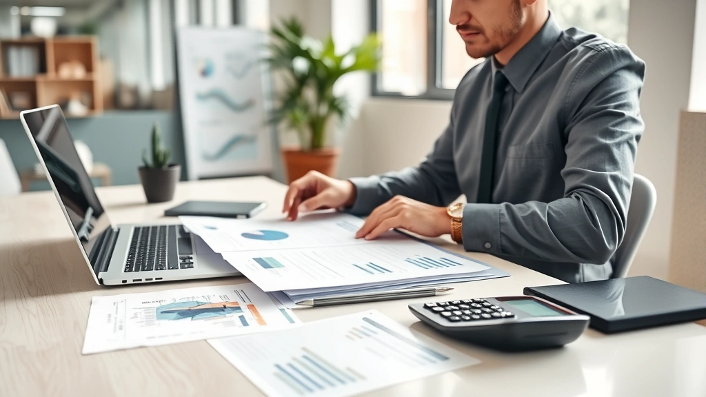 Professional real estate investor reviewing property documents and market analysis on modern desk with laptop, calculator, and financial charts in bright office environment