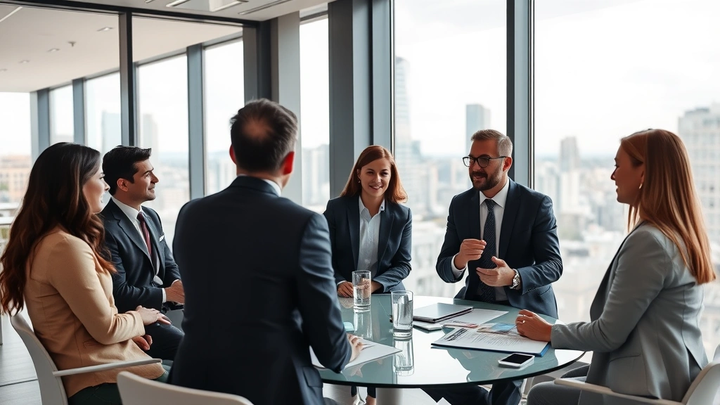 Diverse group of real estate professionals and investors having discussion in modern commercial real estate office with city skyline visible through large windows