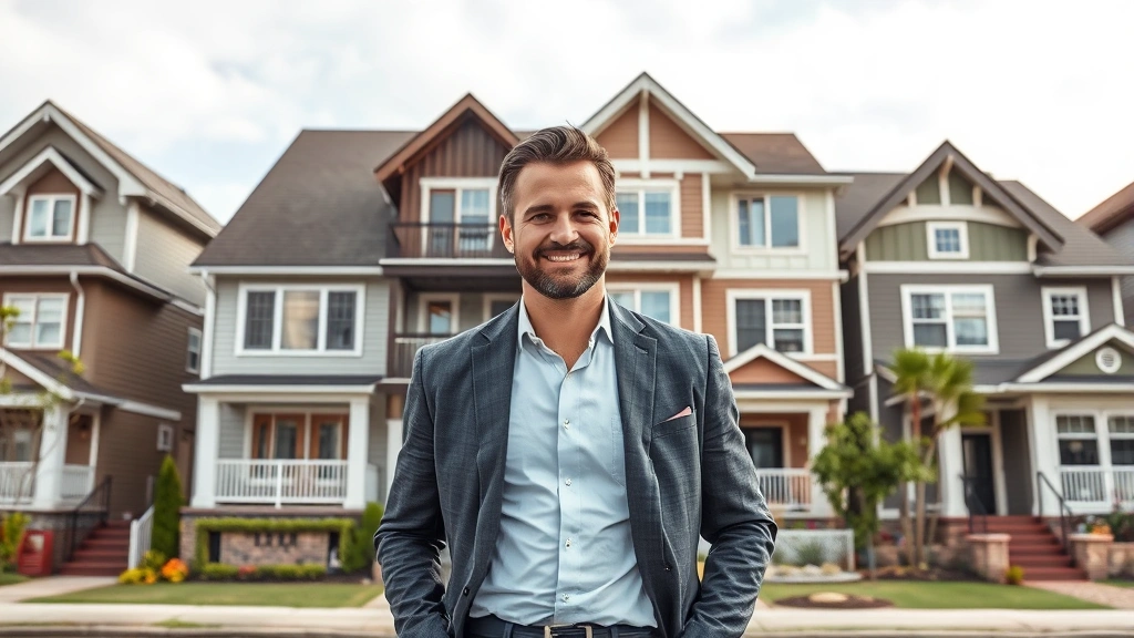 Successful real estate entrepreneur standing confidently in front of multiple residential properties, representing diverse real estate portfolio and investment success