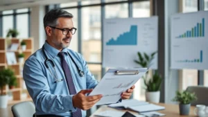 Professional healthcare administrator reviewing financial charts and investment portfolios in a modern office with natural lighting, displaying confidence and expertise in wealth management