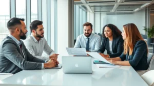 Professional business meeting in modern corporate office with diverse team members discussing financial strategy and workforce planning, natural lighting, focused expressions, contemporary workplace setting