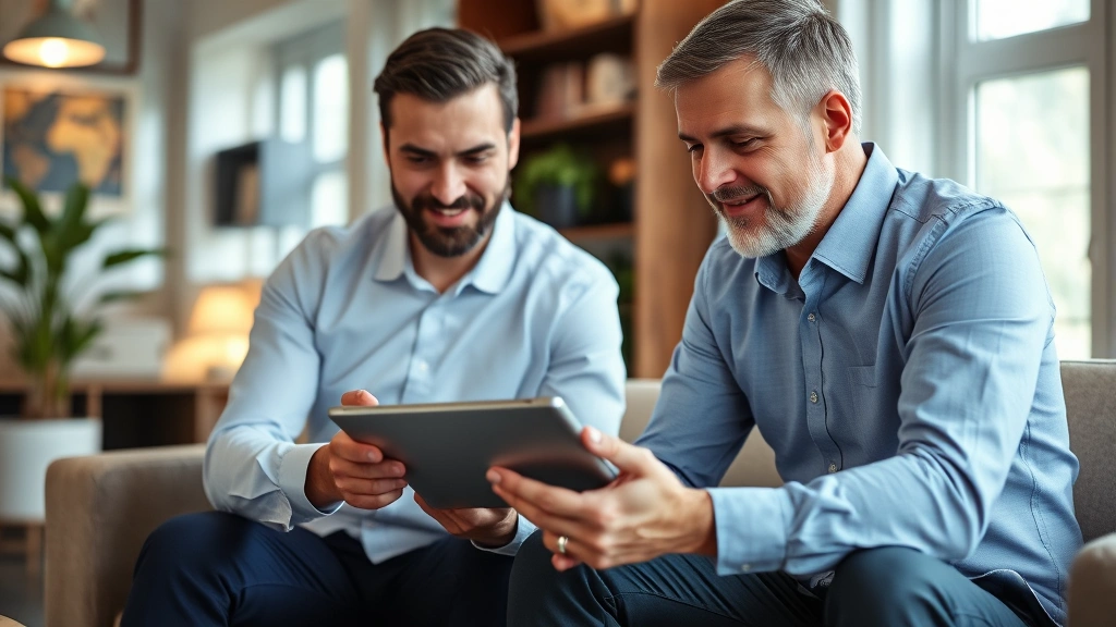Financial advisor and client reviewing investment portfolio and healthcare sector performance charts on tablet device, warm office environment, collaborative atmosphere, wealth management consultation