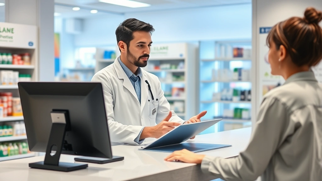 Pharmacist consulting with patient at modern pharmacy counter, professional healthcare setting, digital health technology visible in background, contemporary medical environment
