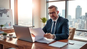 Professional investor reviewing property documents at wooden desk with laptop, sunlit office, financial charts and city skyline visible through window, confident expression, modern business attire