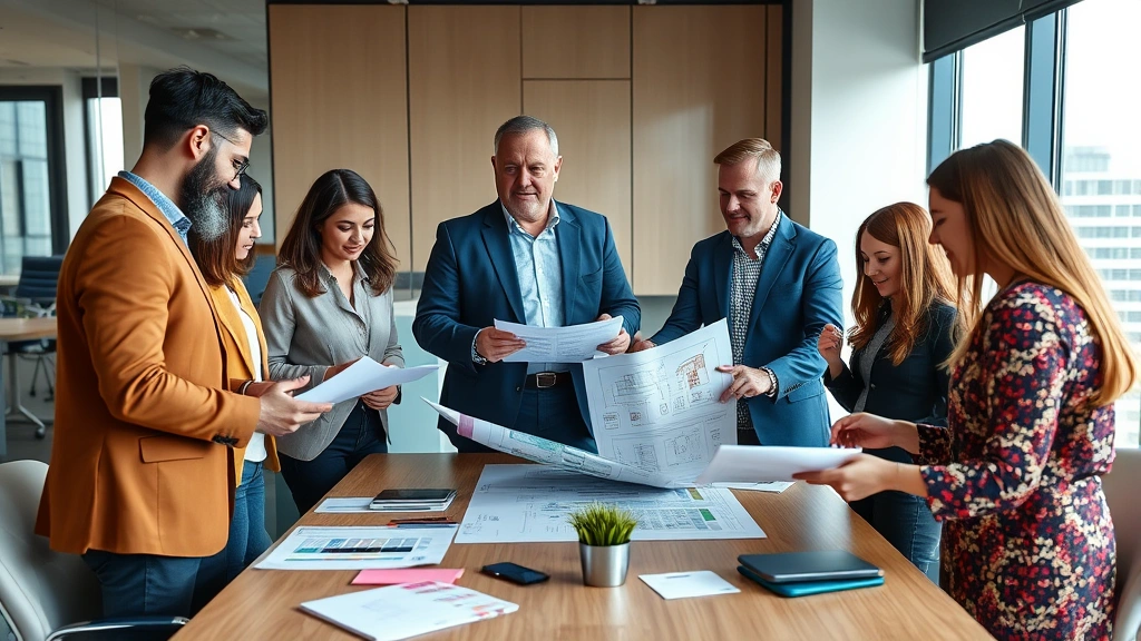Diverse group of real estate professionals discussing investment strategy in modern conference room, reviewing property blueprints and financial reports, collaborative atmosphere, natural lighting