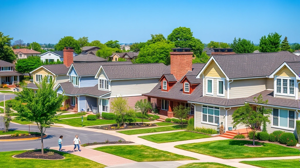 Residential neighborhood with well-maintained properties, green landscaping, families and children visible, suburban community scene, clear blue sky, prosperity and stability conveyed