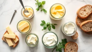 Overhead flat lay of artisanal glass jars containing cultured butter, ghee, and cream cheese spreads on marble countertop with fresh herbs and whole grain bread slices, natural morning light