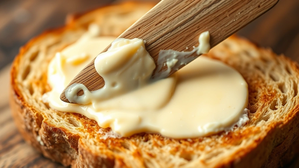 Close-up of a wooden spreading knife applying creamy grass-fed butter onto warm whole wheat toast with visible steam, showcasing rich golden color and texture
