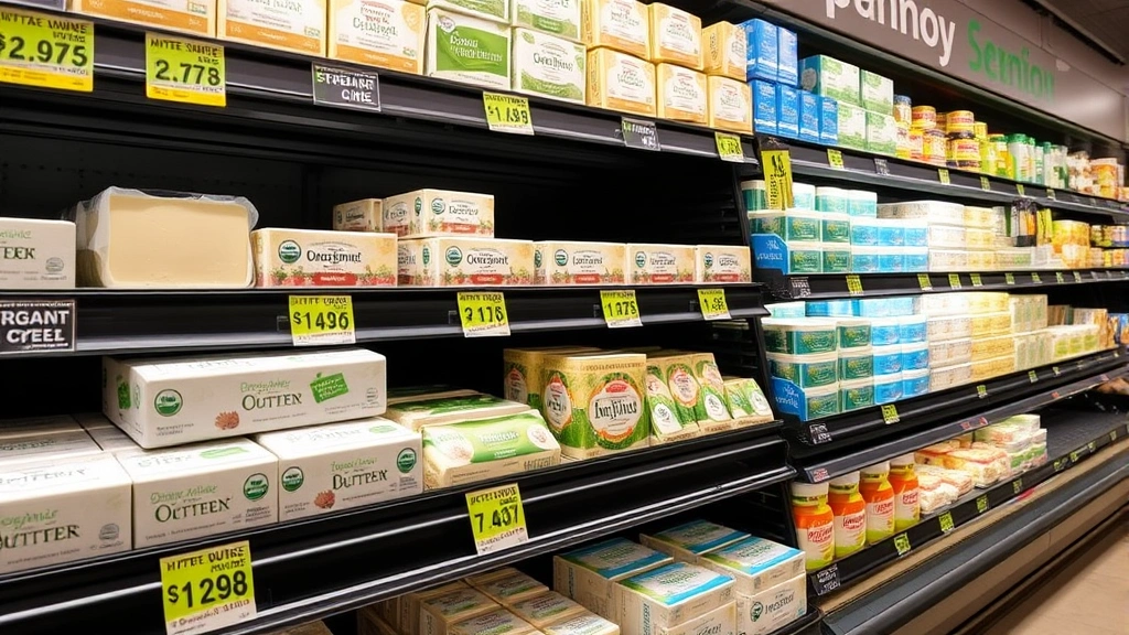 Health food store dairy section display featuring organic and grass-fed butter brands with informational labels, glass refrigerated cases, and wellness-focused product packaging