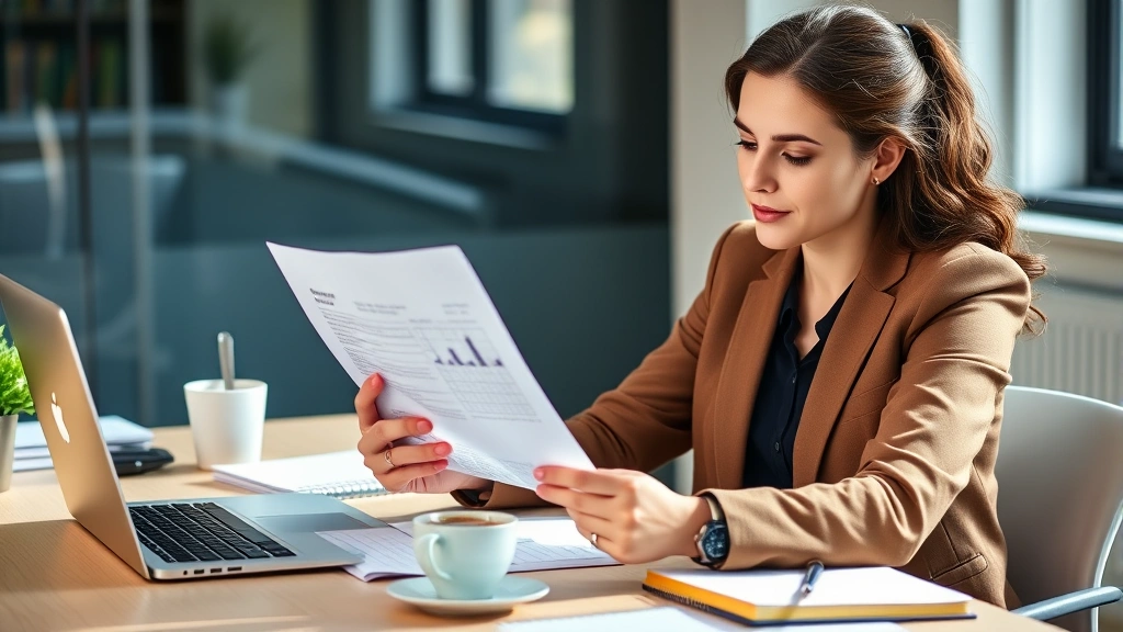 Professional woman reviewing financial documents at desk with coffee, focused expression, organized workspace with laptop and notebook, natural daylight, confident and mindful demeanor