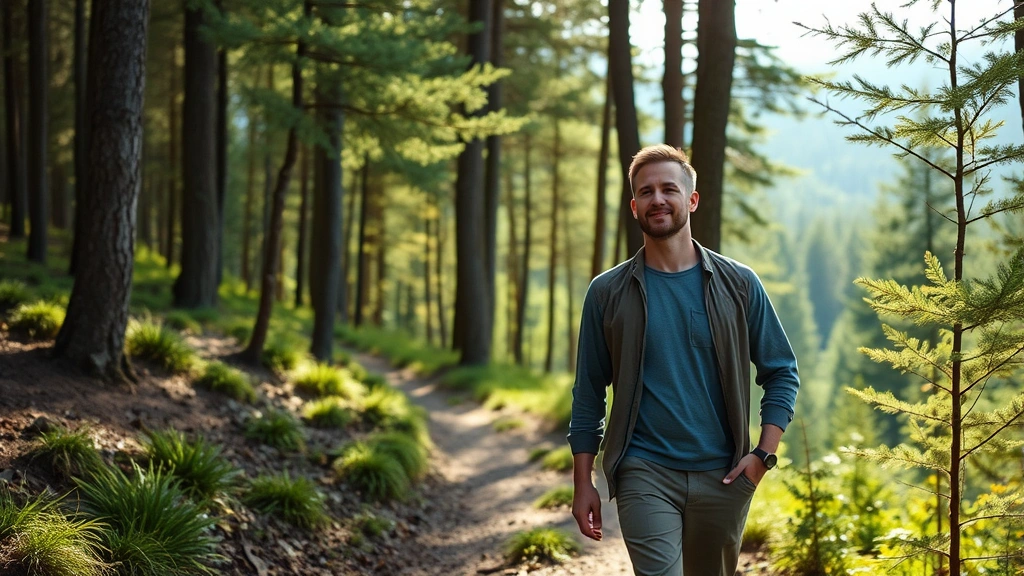 Man walking in nature forest path, peaceful expression, surrounded by trees and green landscape, sunlight filtering through branches, contemplative posture, outdoor wellness setting