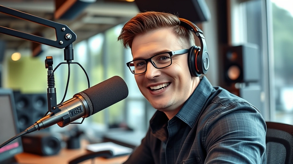 Professional male radio host in broadcast studio speaking into microphone, confident expression, modern studio setting with equipment, natural lighting, photorealistic