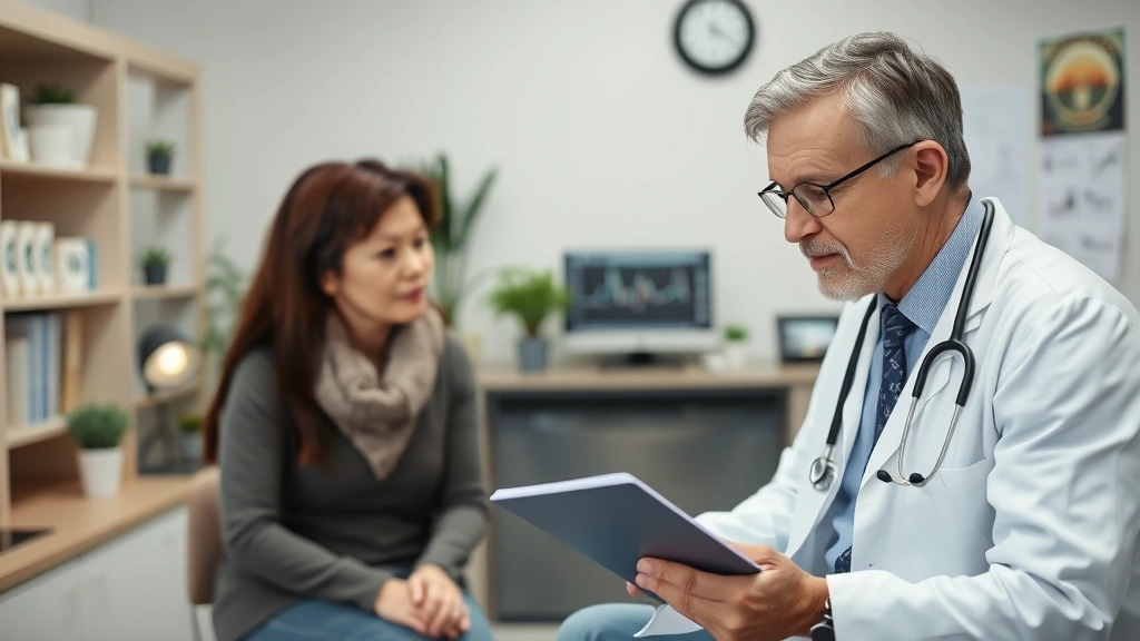 Doctor consulting patient in medical office, reviewing health records, professional healthcare environment, calm atmosphere, credible medical professional appearance