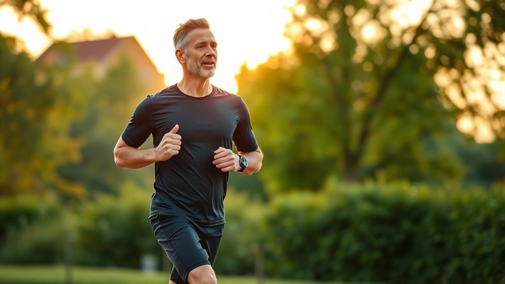 Fit mature adult exercising outdoors, jogging in park during golden hour, healthy lifestyle, active wellness, natural scenery, energetic posture