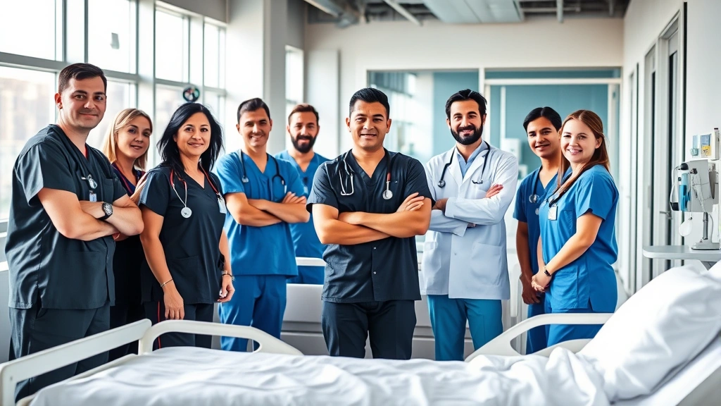 Professional healthcare team in modern Denver hospital setting, diverse medical professionals in scrubs collaborating around patient care area, natural lighting from large windows, contemporary medical facility interior, confident and focused expressions