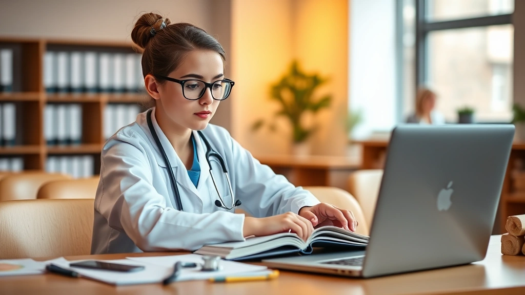 Young healthcare professional studying at desk with medical textbooks and laptop, warm lighting in educational setting, stethoscope and medical materials visible, concentration and determination evident, modern study environment with professional atmosphere
