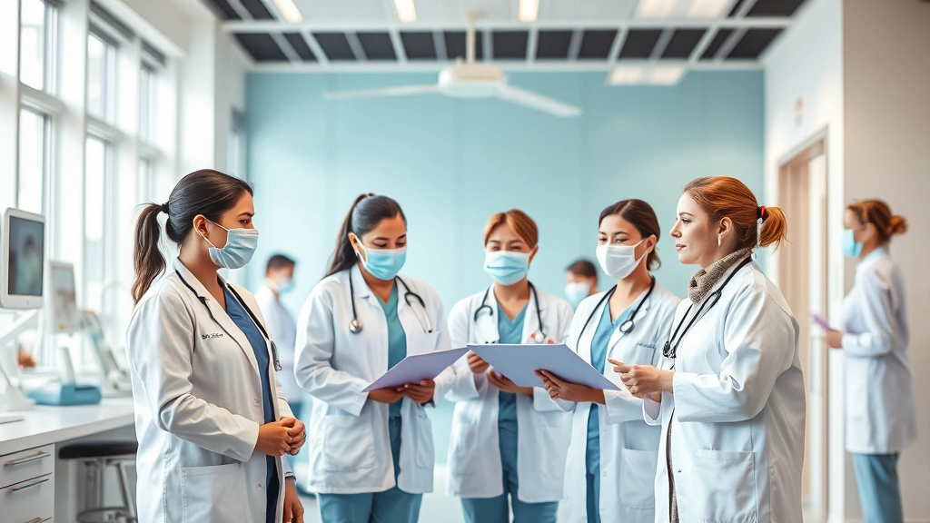 Healthcare workers in diverse roles working together in bright clinical setting, nurses and medical professionals demonstrating teamwork and communication, modern medical facility with contemporary design, collaborative healthcare team environment showing different specialties interacting