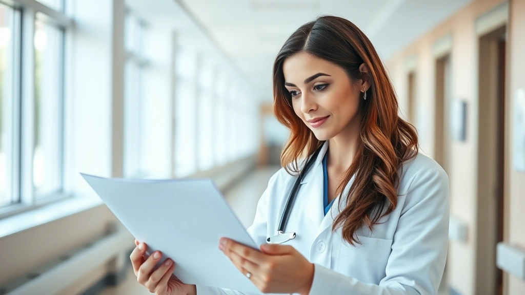 Professional female physician in white coat reviewing patient chart in modern Denver hospital corridor, natural lighting from windows, confident expression, medical environment background